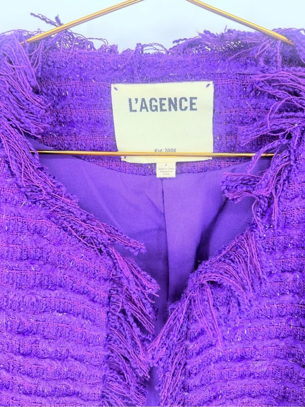 L’Agence Purple Tweed Fringe Jacket Blazer Wool Blend Womens Size 8 Open Front - Picture 3 of 8